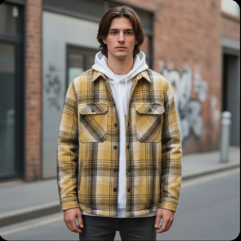 Zara Sherpa-Lined Plaid Shacket, Yellow & Brown Lumberjack, Size L